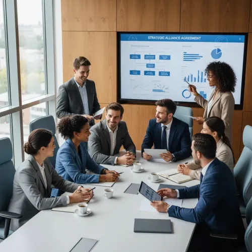 Two professionals in business attire engage in a thoughtful discussion sitting in a stylish, modern room.